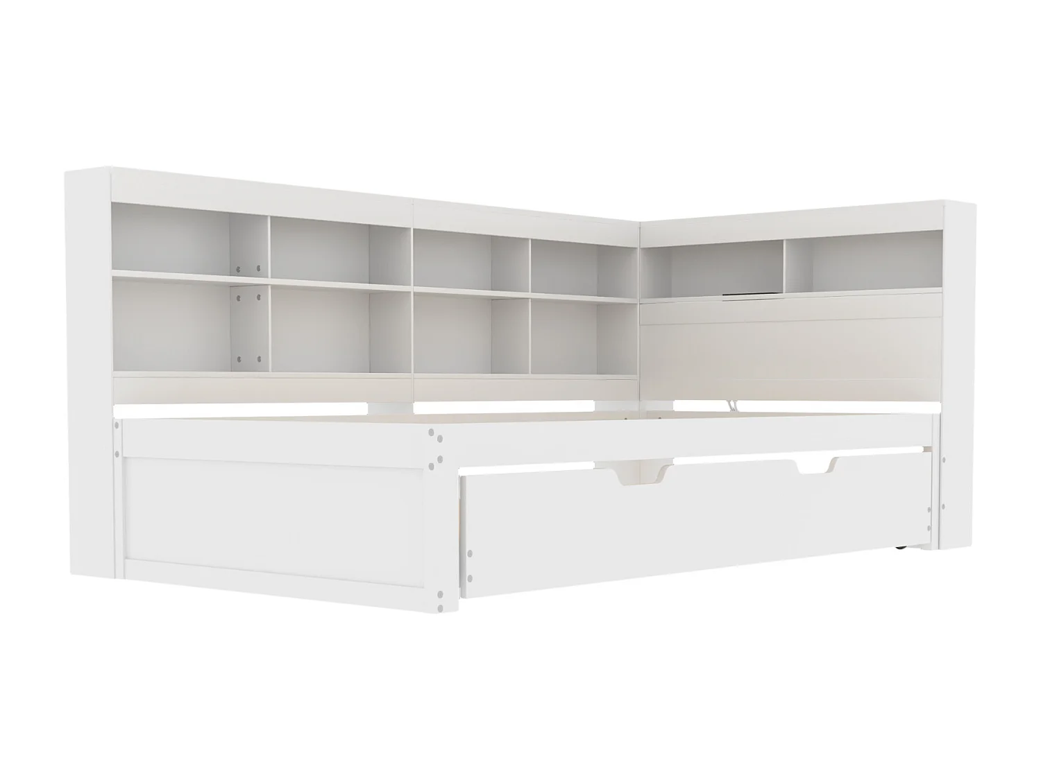 Lit banquette blanc 90x200cm avec lit gigogne 90x190cm, avec port USB et multiples rangements, sans matelas