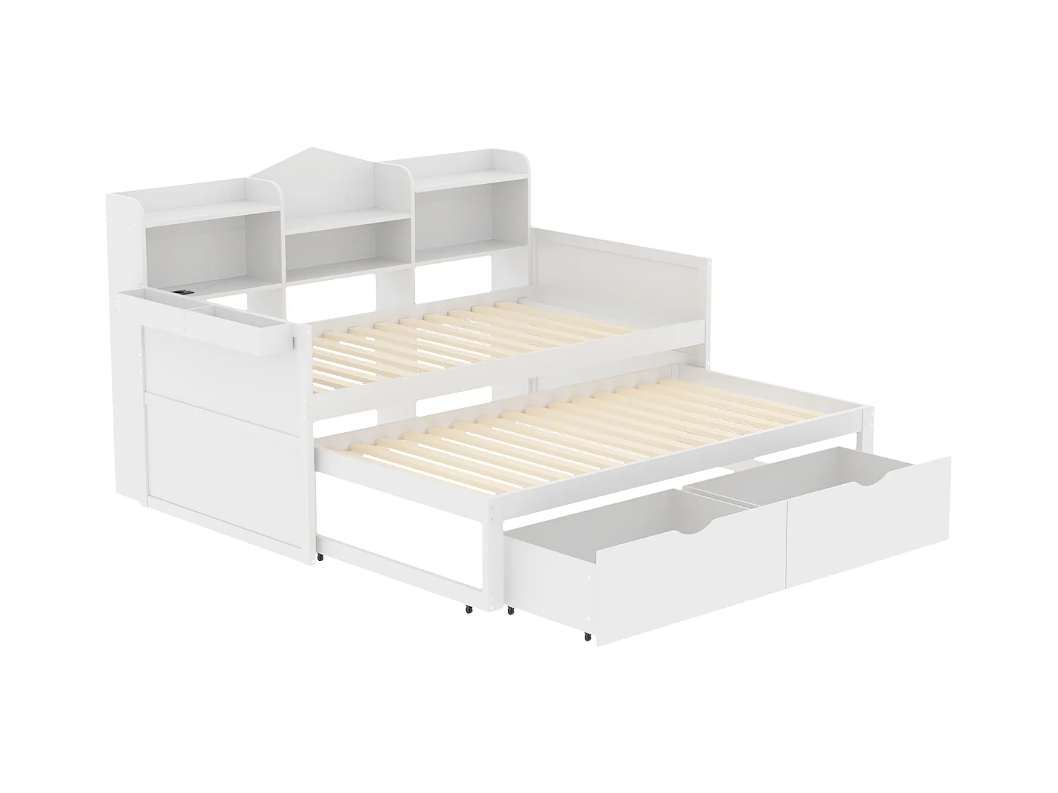 Witte slaapbank 90x200cm en uitschuifbed 90x190cm met 2 lades, opbergruimte en USB-aansluiting, zonder matras