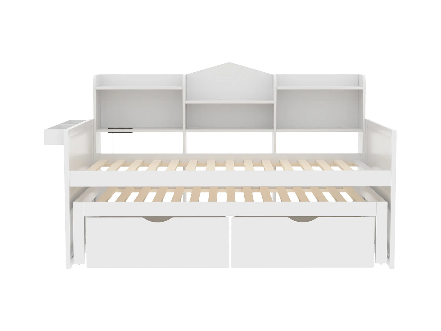 Witte slaapbank 90x200cm en uitschuifbed 90x190cm met 2 lades, opbergruimte en USB-aansluiting, zonder matras