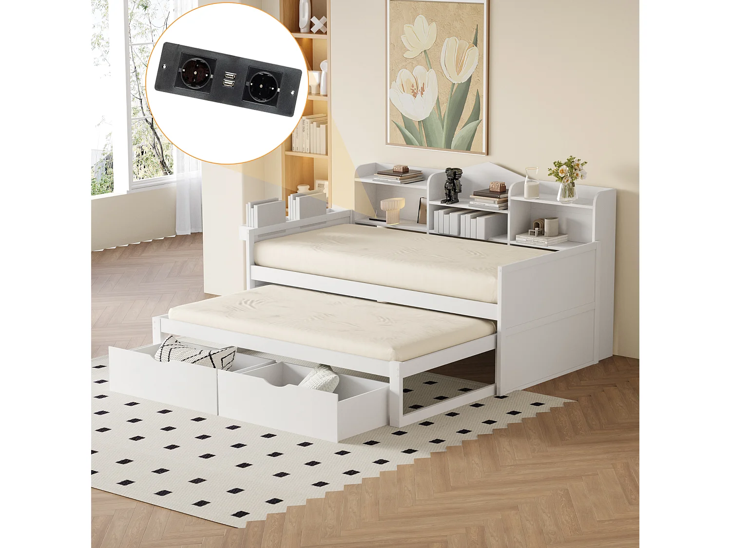 Lit banquette blanc 90x200cm et lit gigogne 90x190cm avec 2 tiroirs, rangements et prise USB, sans matelas