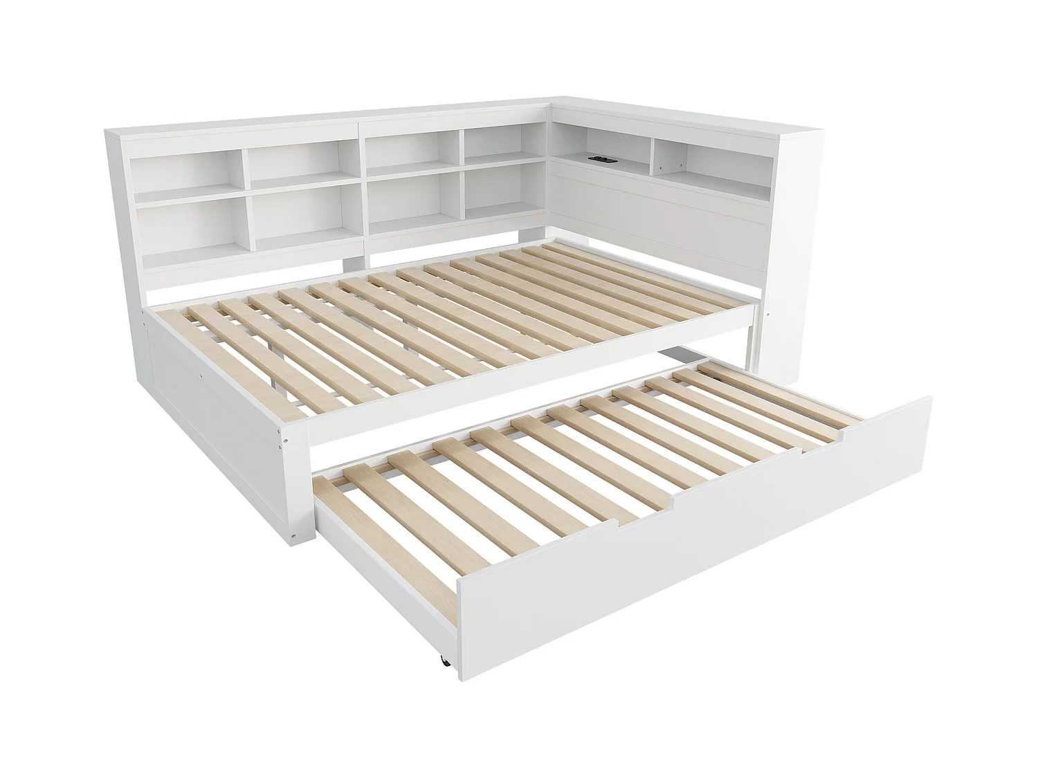 Witte tweepersoons slaapbank 140x200cm en uitschuifbed 90x190cm met USB-aansluiting en meerdere opbergruimtes, zonder matras