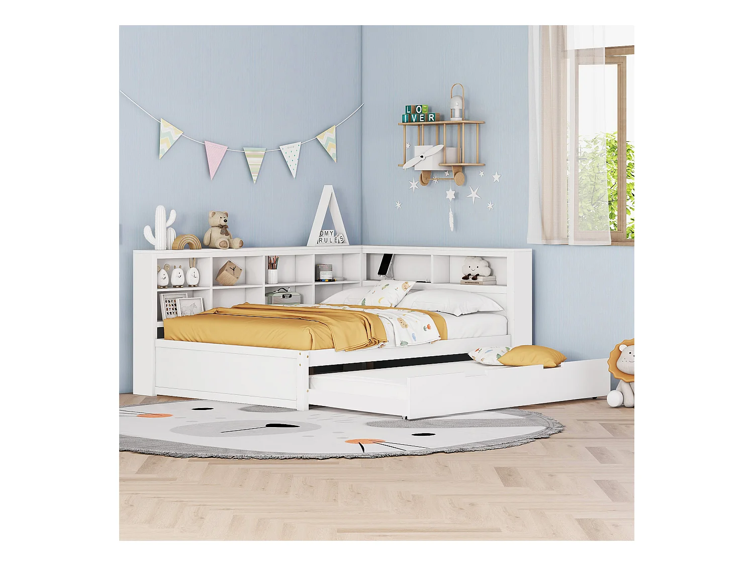 Witte tweepersoons slaapbank 140x200cm en uitschuifbed 90x190cm met USB-aansluiting en meerdere opbergruimtes, zonder matras