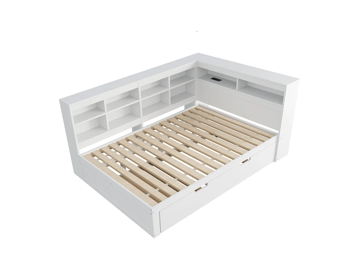 Witte tweepersoons slaapbank 140x200cm en uitschuifbed 90x190cm met USB-aansluiting en meerdere opbergruimtes, zonder matras