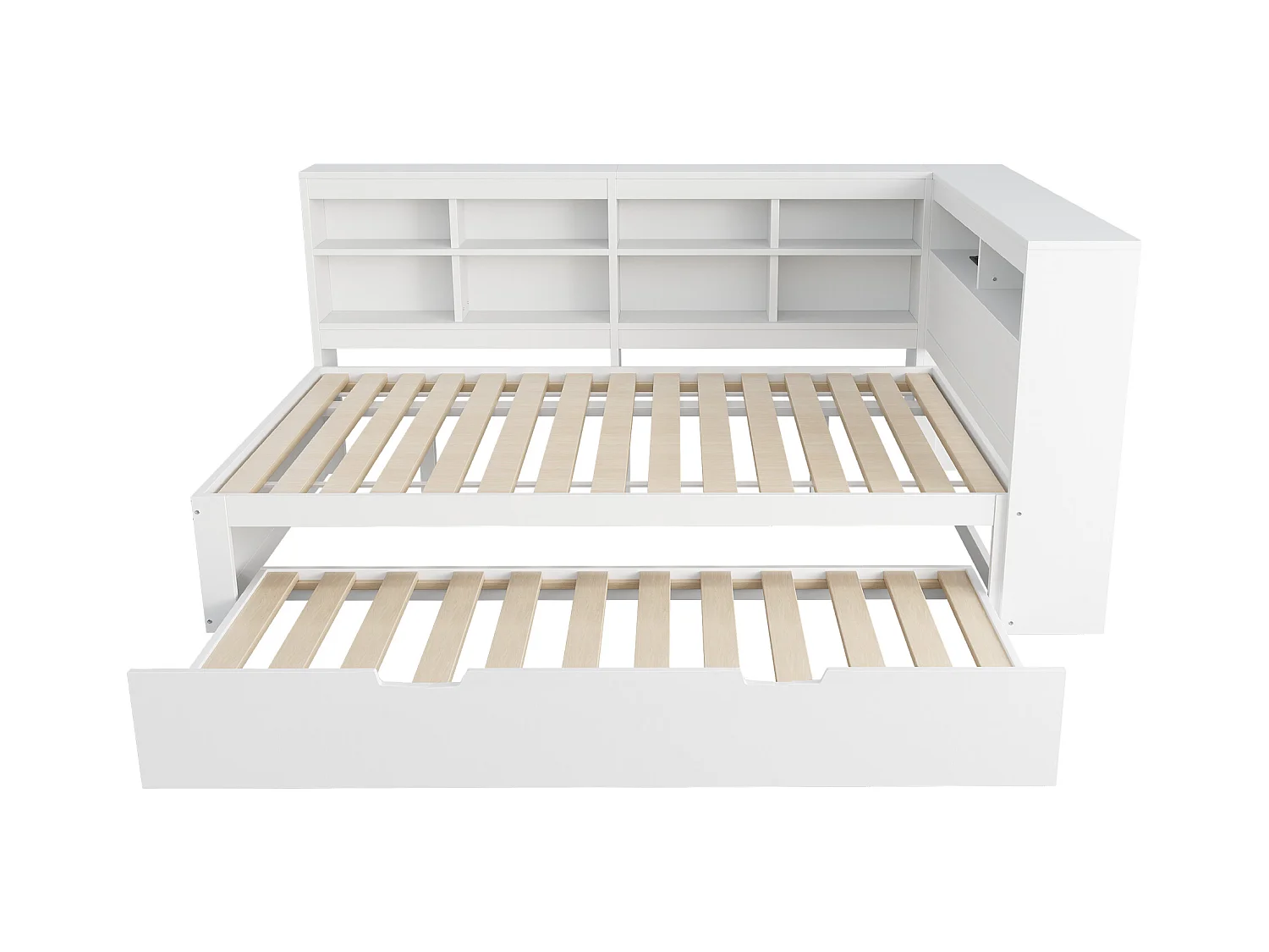 Witte tweepersoons slaapbank 140x200cm en uitschuifbed 90x190cm met USB-aansluiting en meerdere opbergruimtes, zonder matras