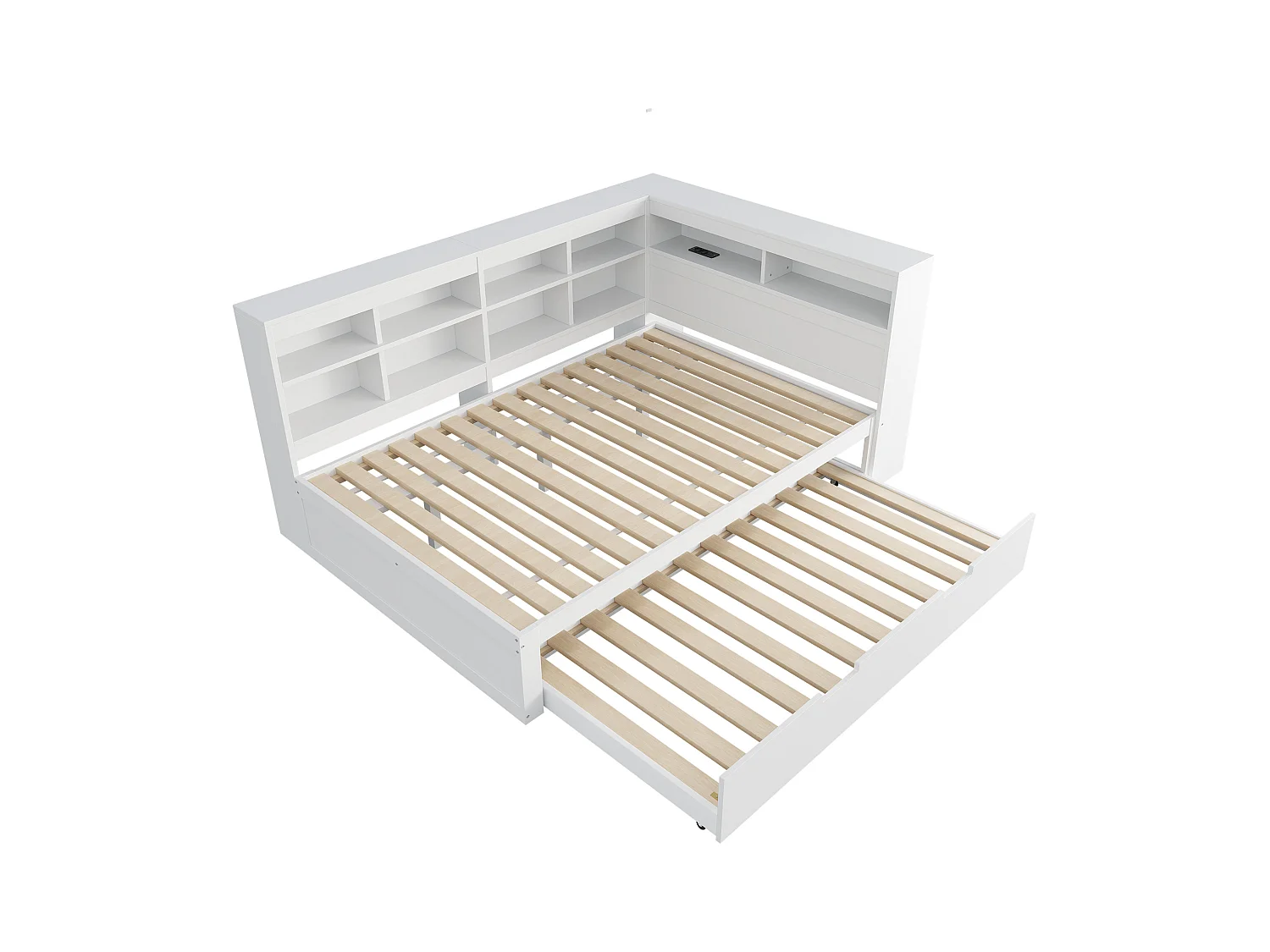 Witte tweepersoons slaapbank 140x200cm en uitschuifbed 90x190cm met USB-aansluiting en meerdere opbergruimtes, zonder matras