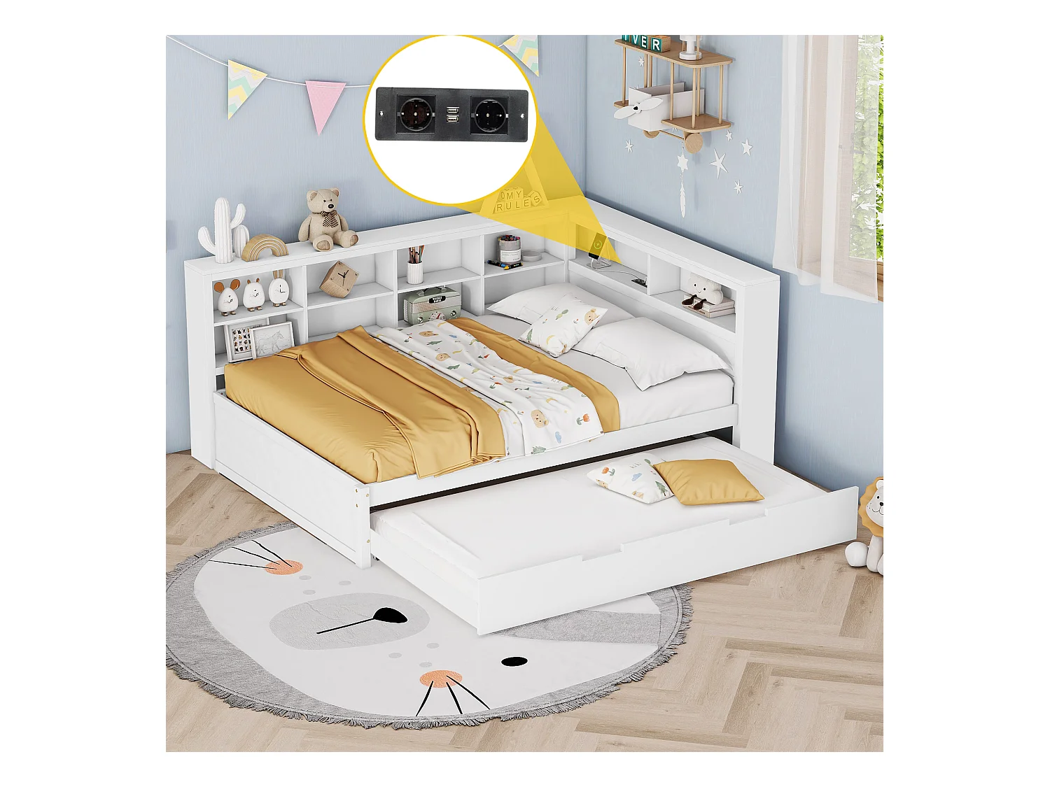 Lit banquette double blanc 140x200cm et lit gigogne 90x190cm avec port USB et multiples rangements, sans matelas
