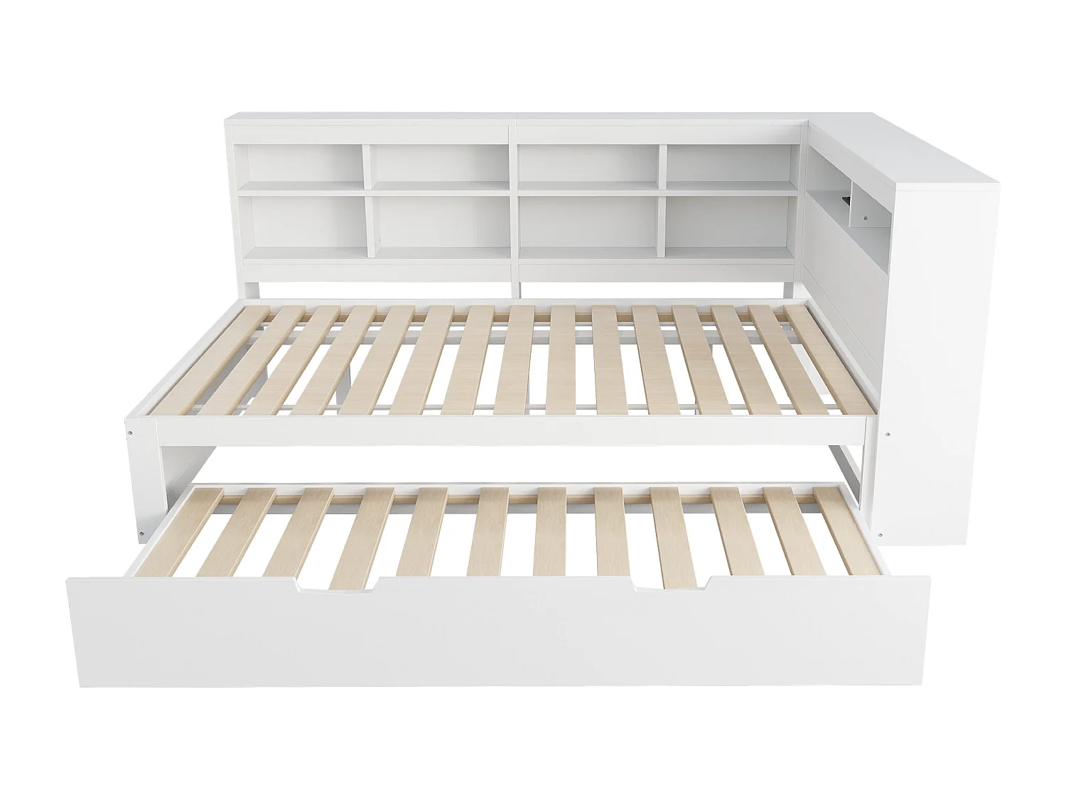 Lit banquette double blanc 140x200cm et lit gigogne 90x190cm avec port USB et multiples rangements, sans matelas