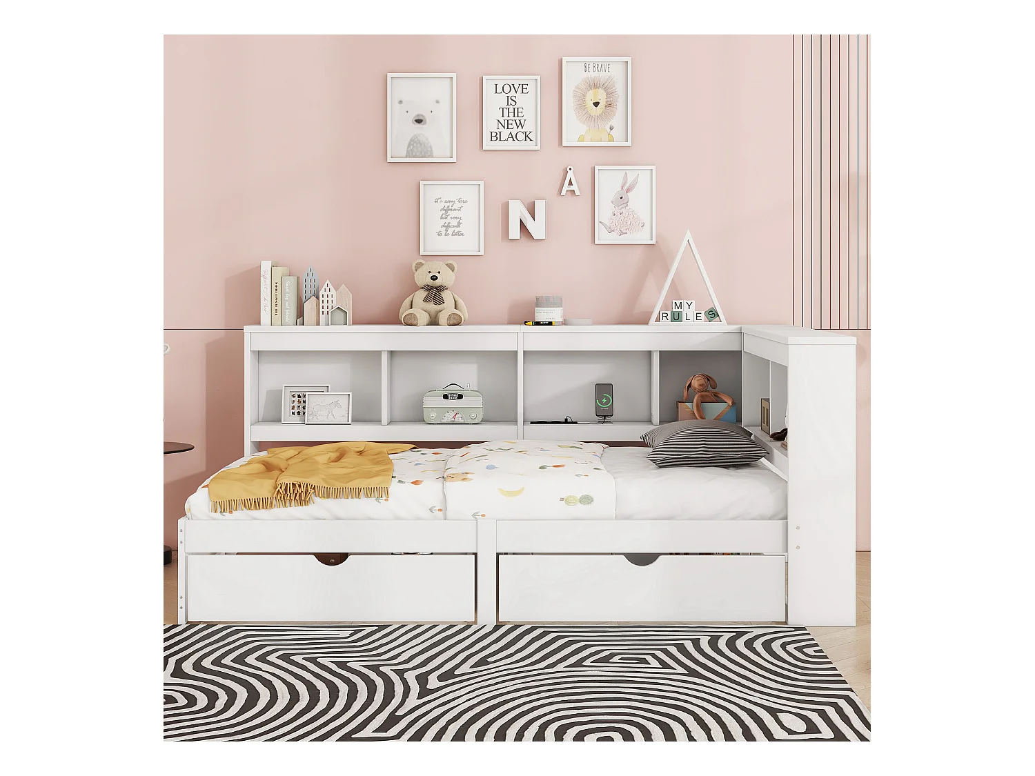 Witte slaapbank 90x200cm met 2 lades, 2 USB-poorten en stopcontact, zonder matras