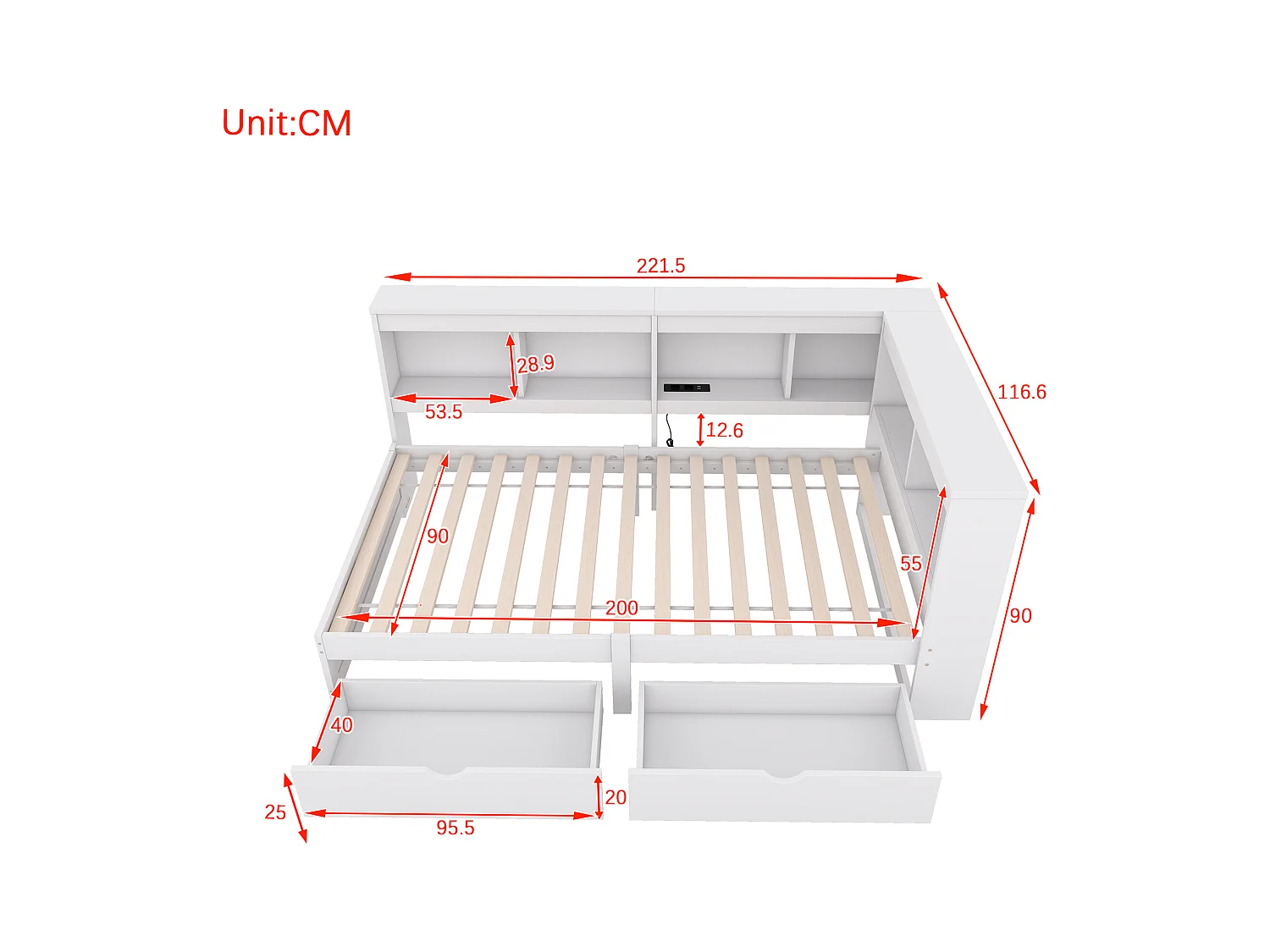 Witte slaapbank 90x200cm met 2 lades, 2 USB-poorten en stopcontact, zonder matras