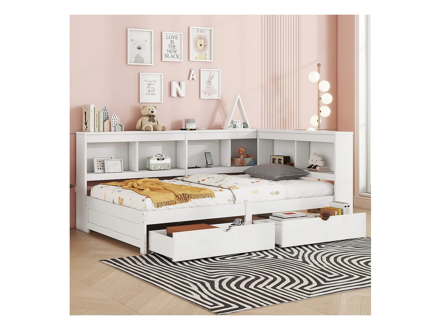 Witte slaapbank 90x200cm met 2 lades, 2 USB-poorten en stopcontact, zonder matras