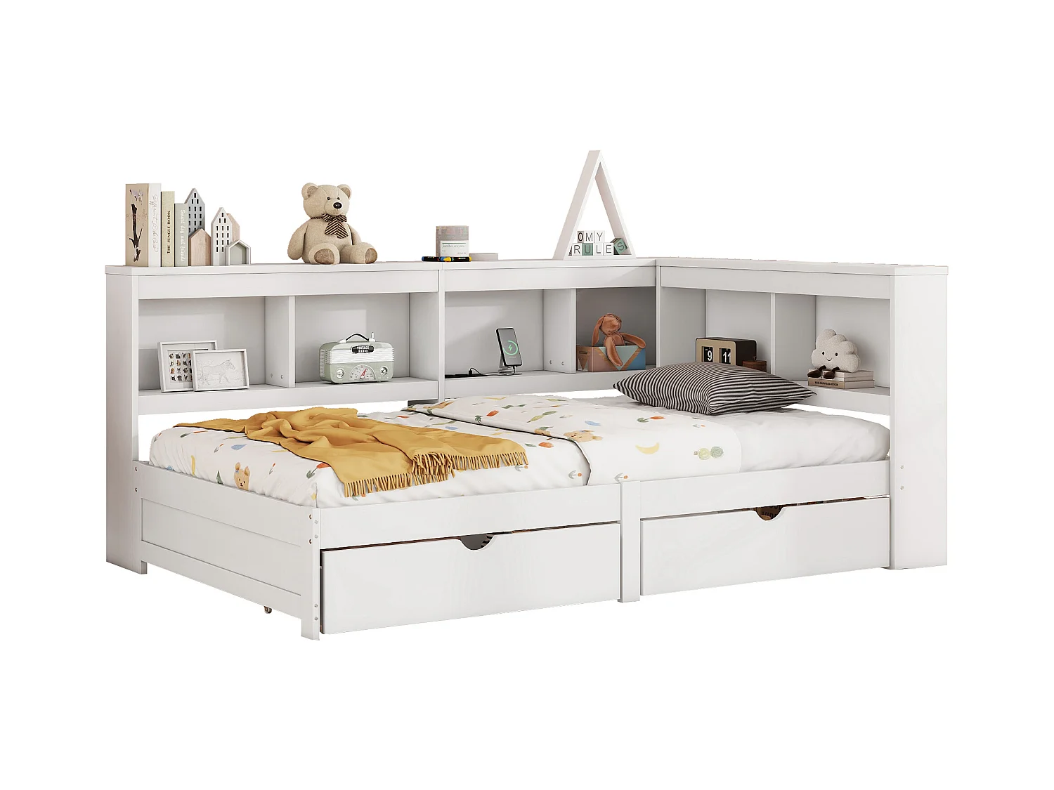 Witte slaapbank 90x200cm met 2 lades, 2 USB-poorten en stopcontact, zonder matras