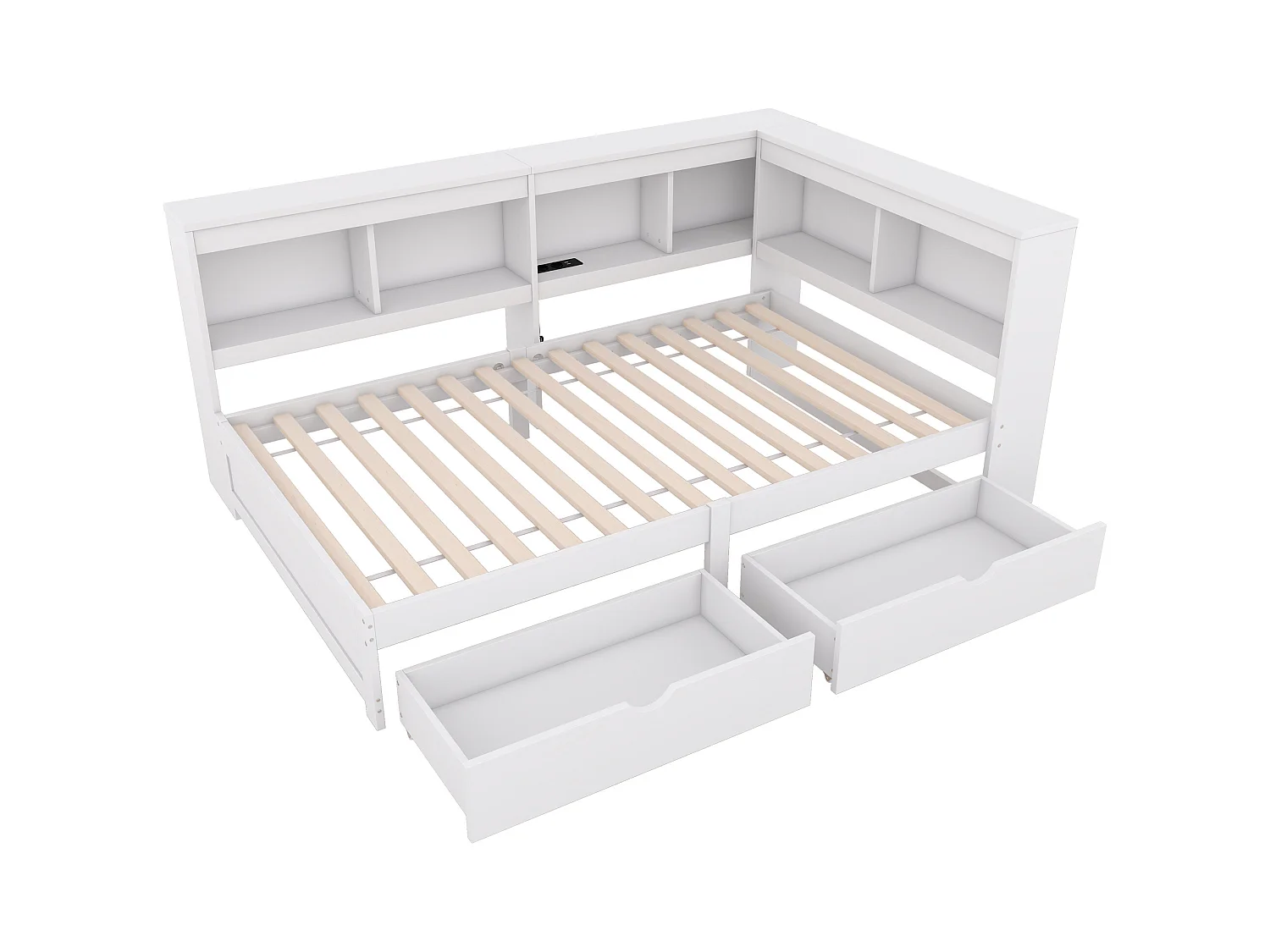 Witte slaapbank 90x200cm met 2 lades, 2 USB-poorten en stopcontact, zonder matras