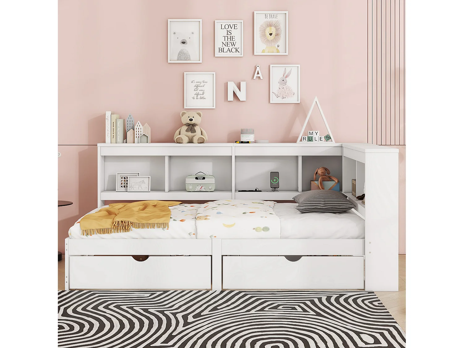 Divano letto bianco 90x200cm con 2 cassetti, 2 porte USB e presa di corrente, senza materasso