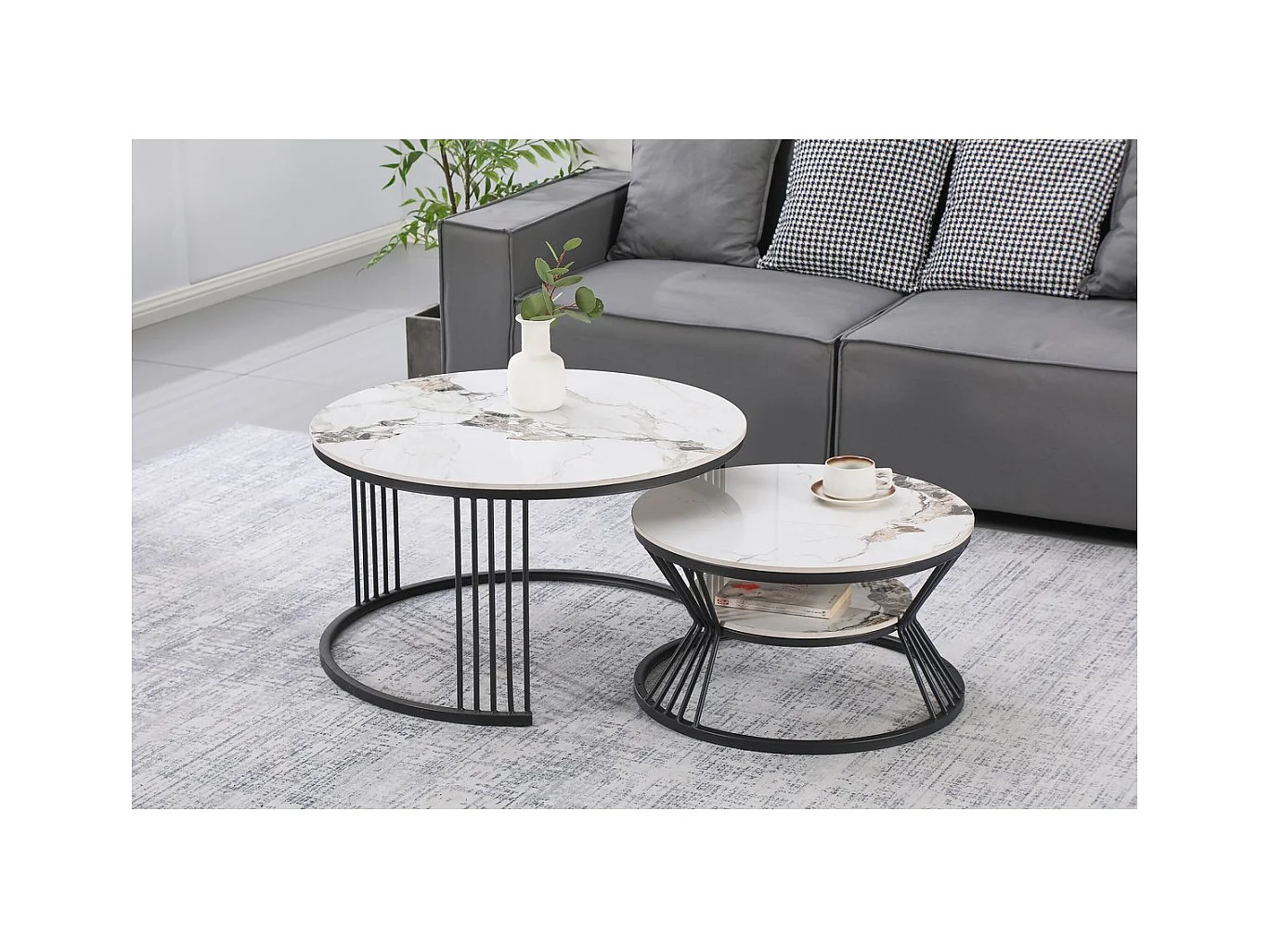 Lot de 2 tables basses gigognes en céramique "Ombre" - 70 x 70 x 45 cm - Blanc