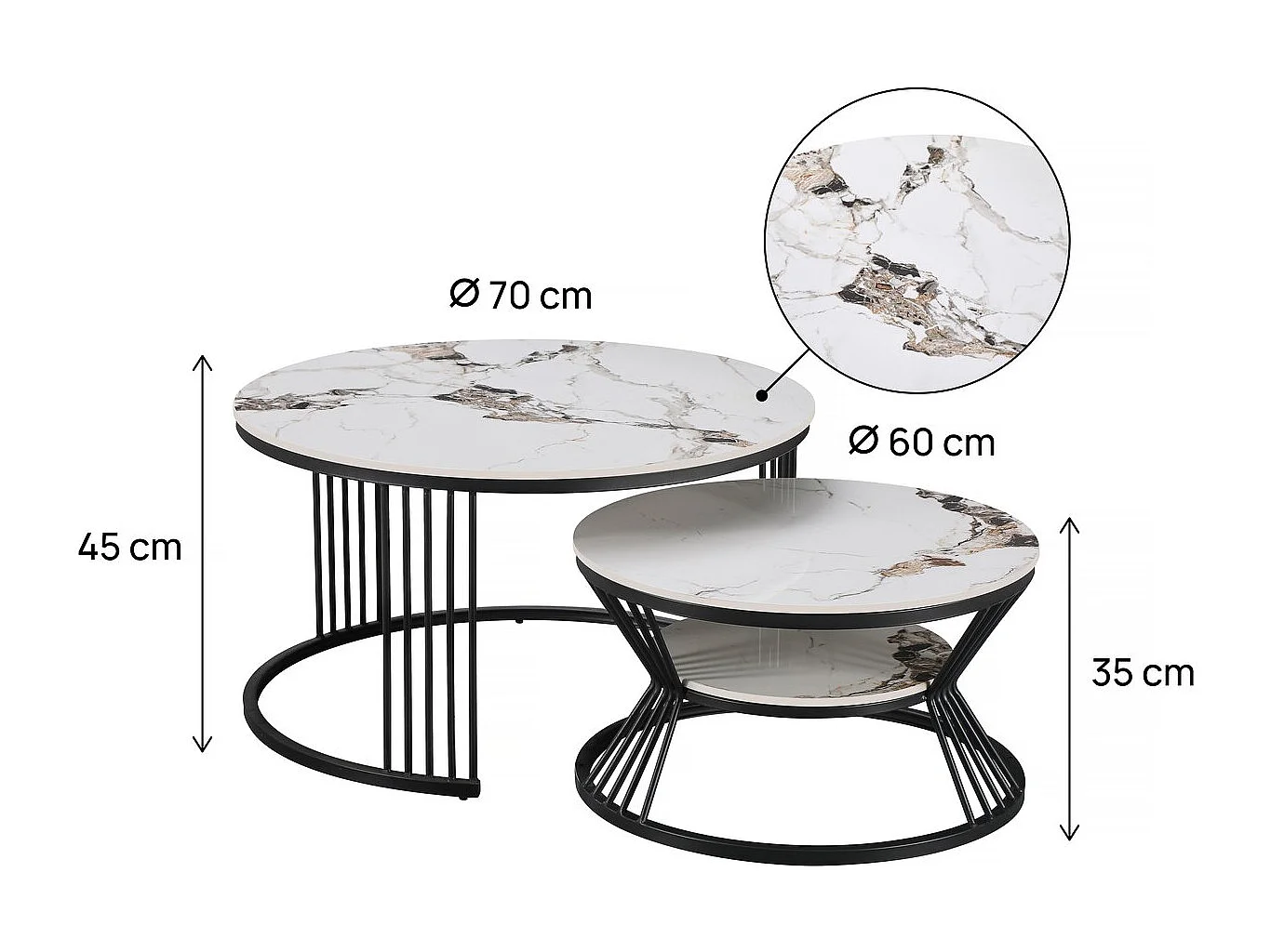 Juego de 2 mesas de café apilables en cerámica "Sombra" - 70 x 70 x 45 cm - Blanco