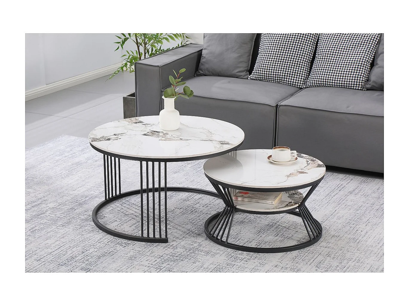 Lot de 2 tables basses gigognes en céramique "Ombre" - 70 x 70 x 45 cm - Blanc