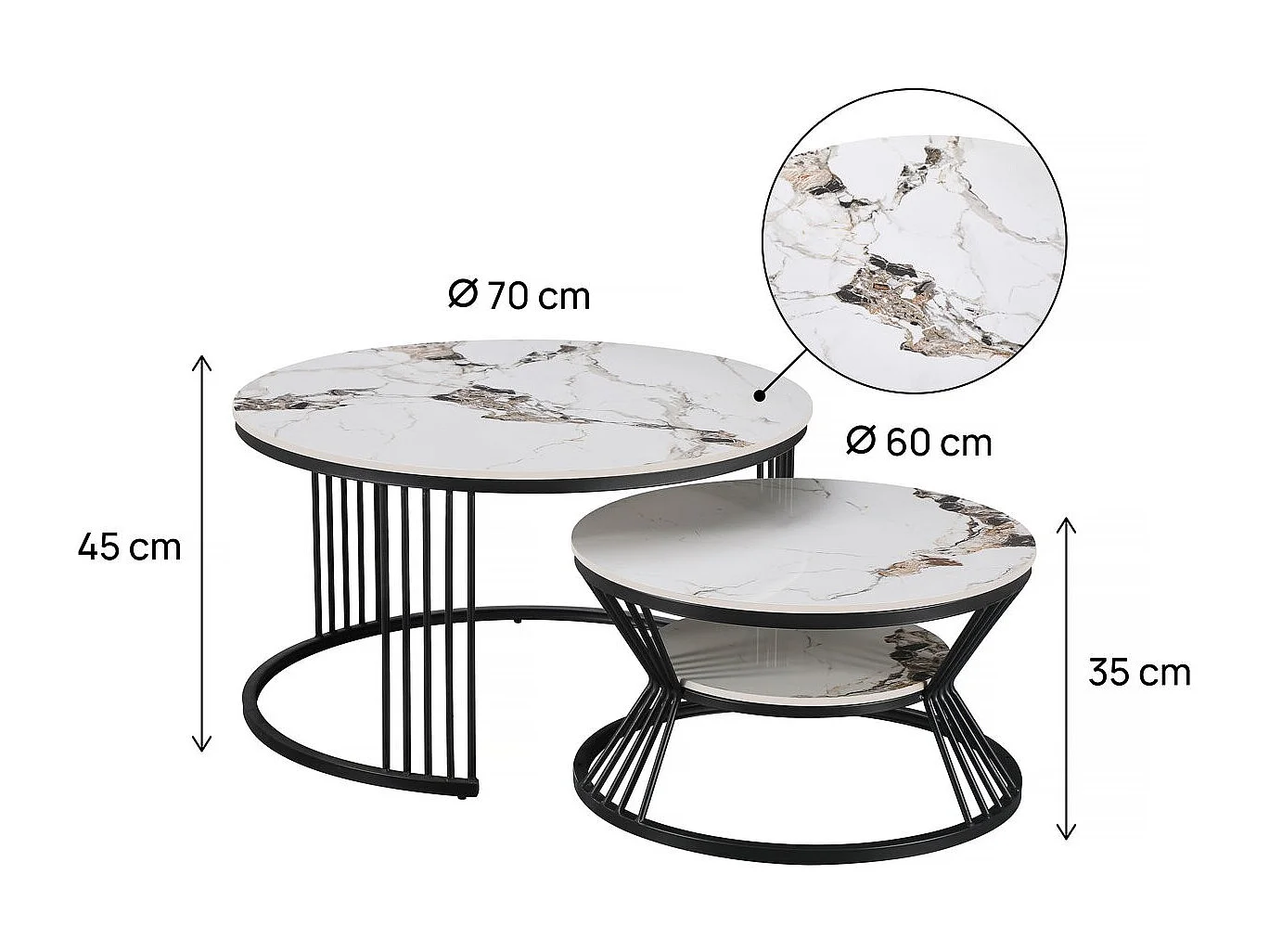 Lot de 2 tables basses gigognes en céramique "Ombre" - 70 x 70 x 45 cm - Blanc