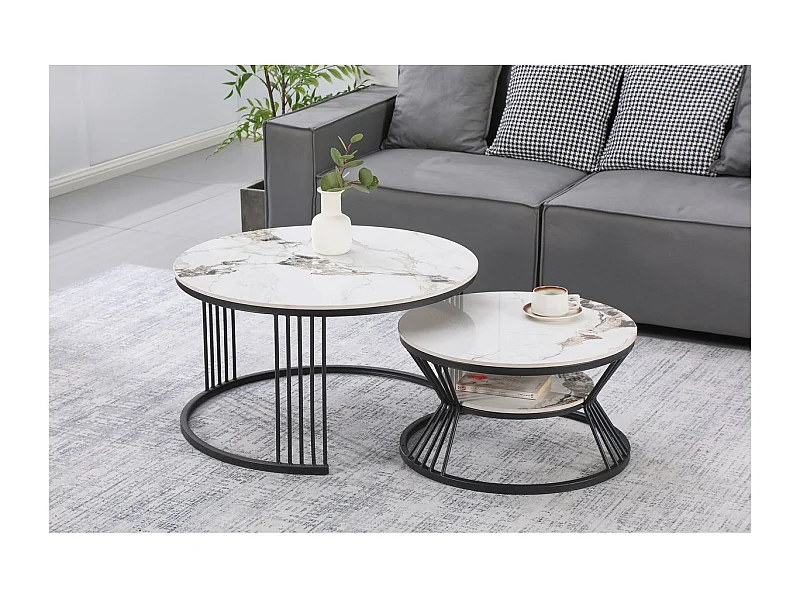 Lot de 2 tables basses gigognes en céramique "Ombre" - 70 x 70 x 45 cm - Blanc