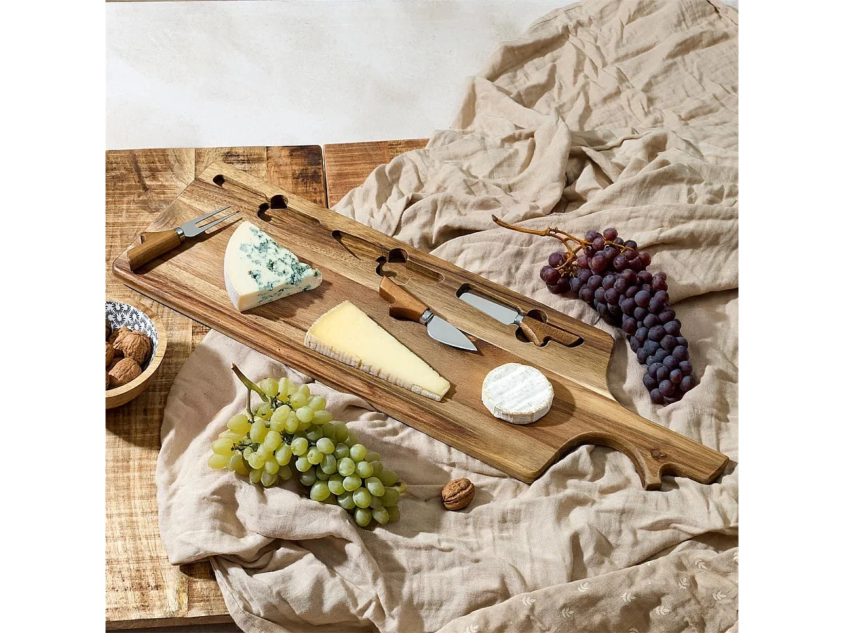 Planche à fromage en acacia 60×20 cm avec ses 3 couteaux inclus
