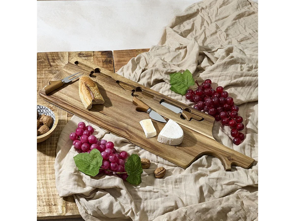 Planche à fromage en acacia 60×20 cm avec ses 3 couteaux inclus