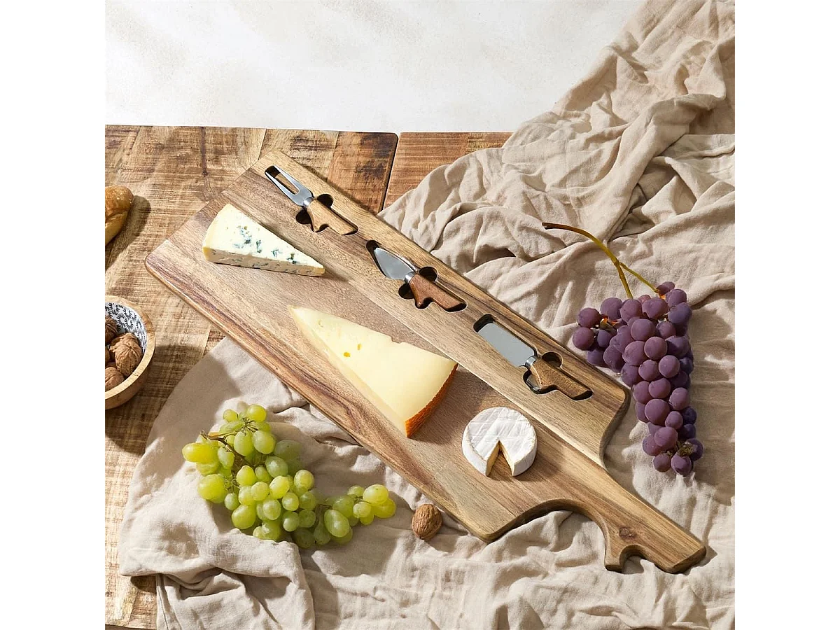 Planche à fromage en acacia 60×20 cm avec ses 3 couteaux inclus