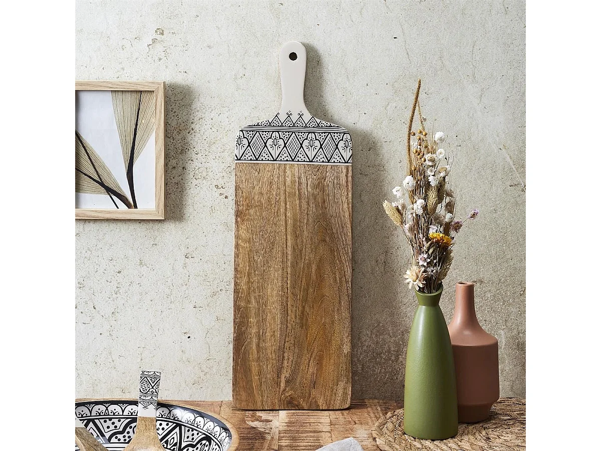 Planche en bois de manguier avec motif mandala noir (L58cm) - MANGO