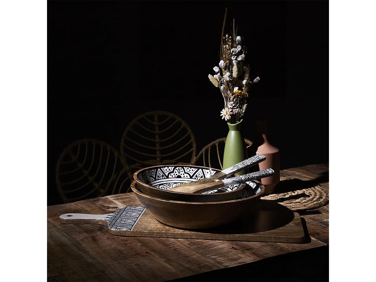 Planche en bois de manguier avec motif mandala noir (L58cm) - MANGO