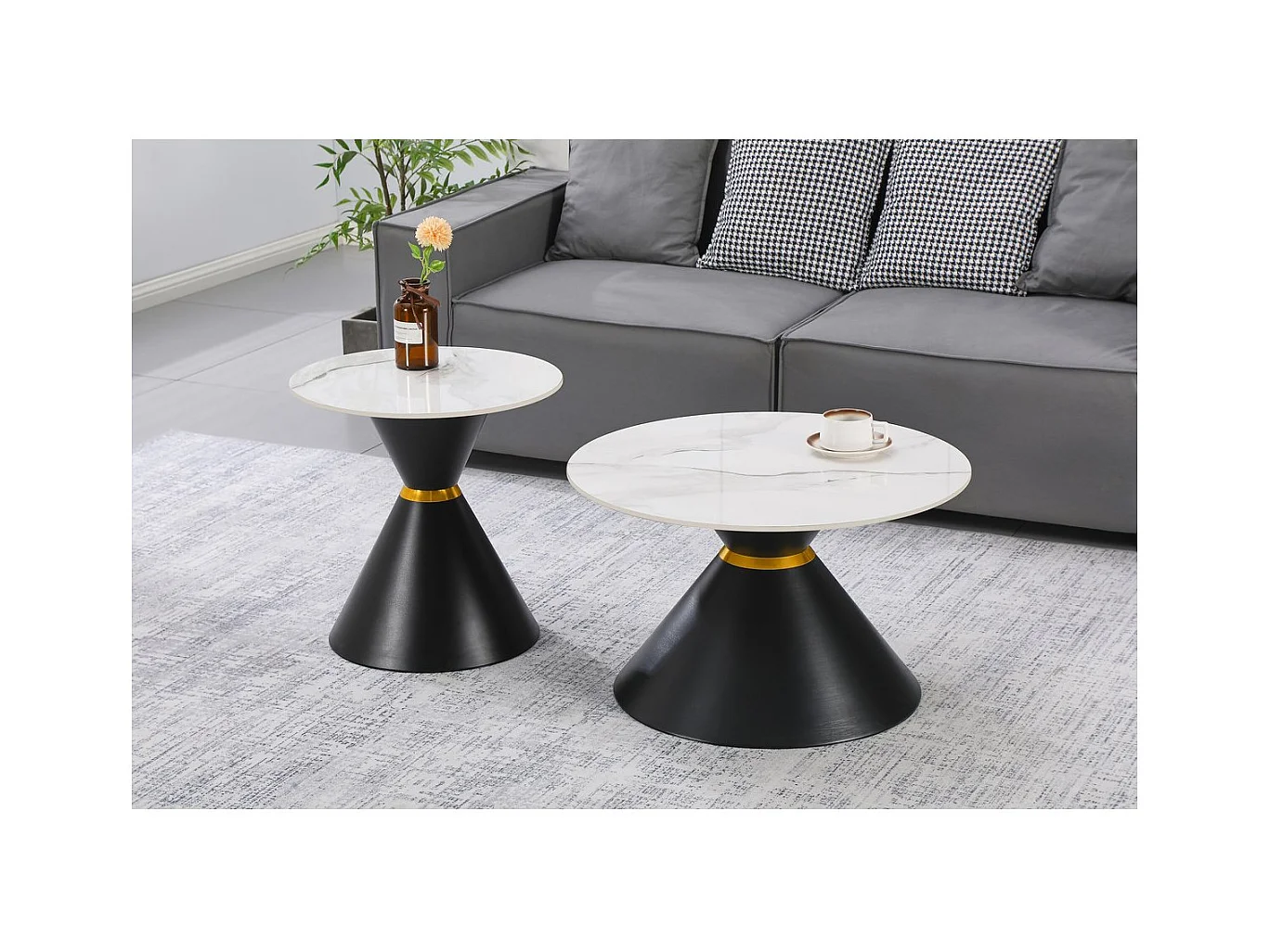 Lot de 2 tables basses gigognes en céramique "Lune" - 70 x 70 x 42 cm - Gris/Blanc