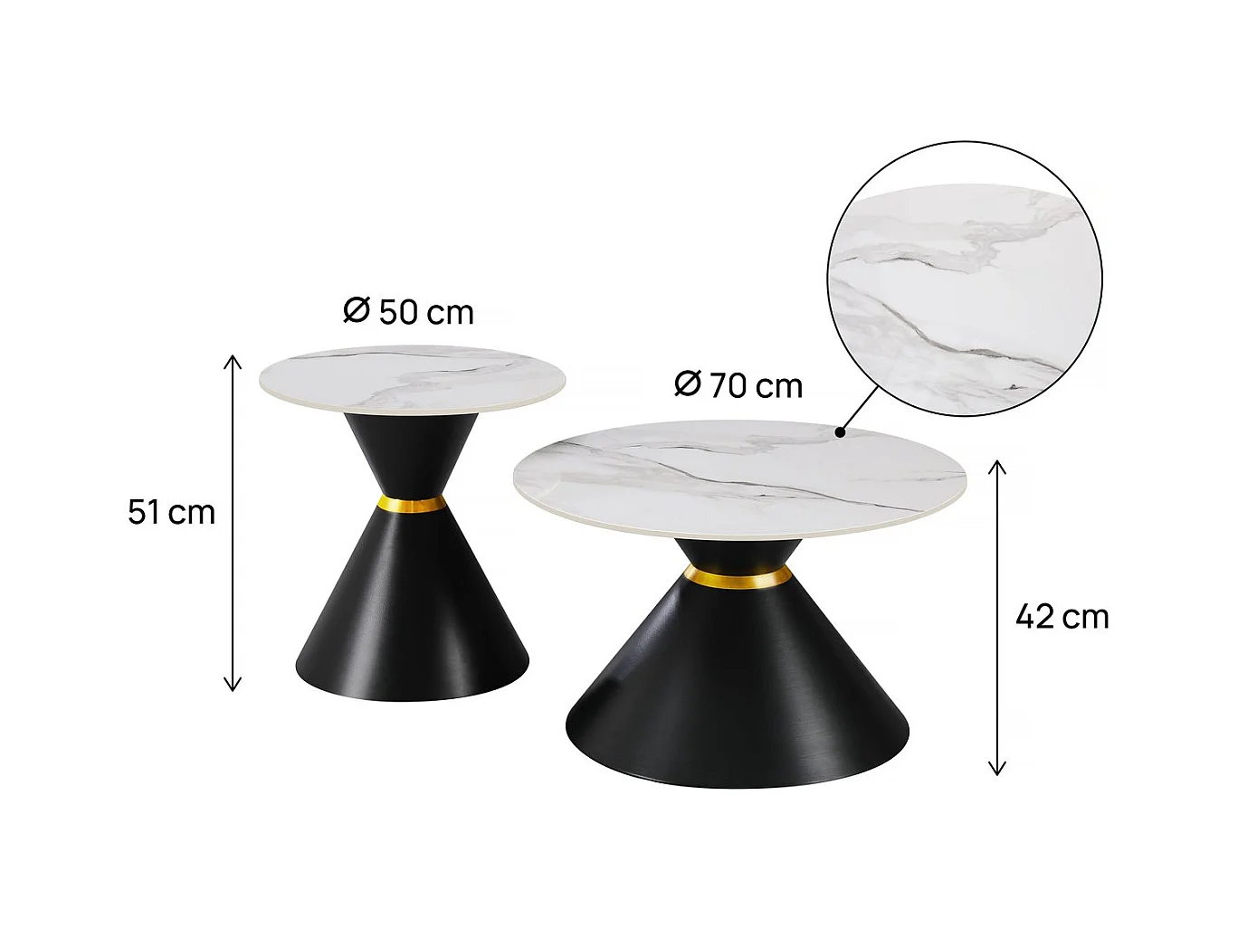 Lot de 2 tables basses gigognes en céramique "Lune" - 70 x 70 x 42 cm - Gris/Blanc