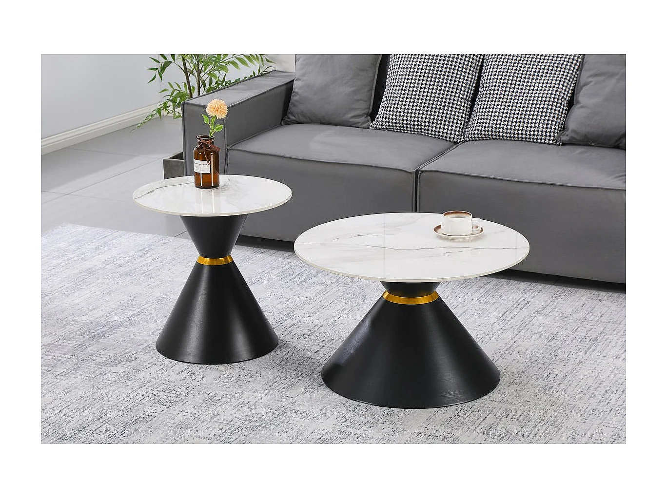 Lot de 2 tables basses gigognes en céramique "Lune" - 70 x 70 x 42 cm - Gris/Blanc