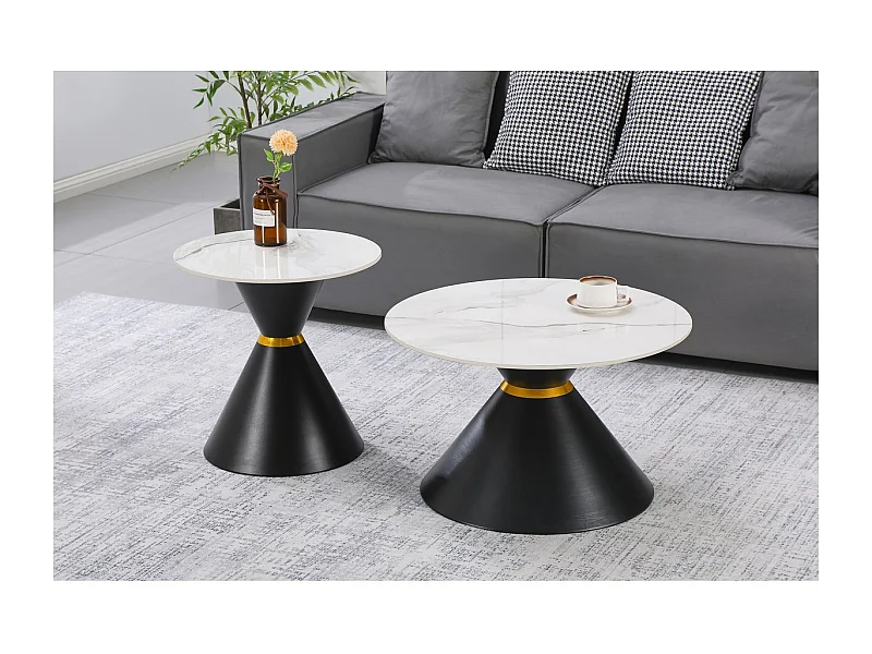 Lot de 2 tables basses gigognes en céramique "Lune" - 70 x 70 x 42 cm - Gris/Blanc