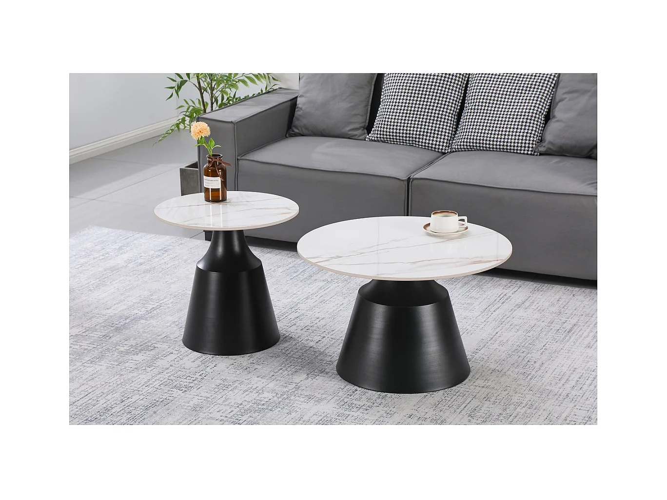 Lot de 2 tables basses gigognes en céramique "Vulca" - 70 x 70 x 43 cm - Blanc