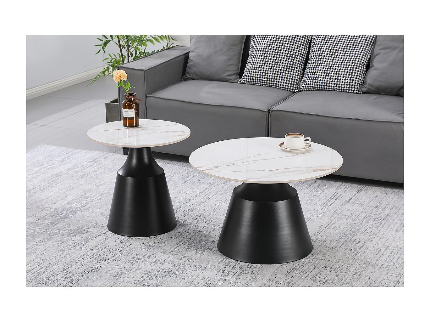 Lot de 2 tables basses gigognes en céramique "Vulca" - 70 x 70 x 43 cm - Blanc