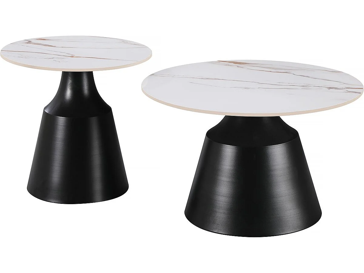Lot de 2 tables basses gigognes en céramique "Vulca" - 70 x 70 x 43 cm - Blanc