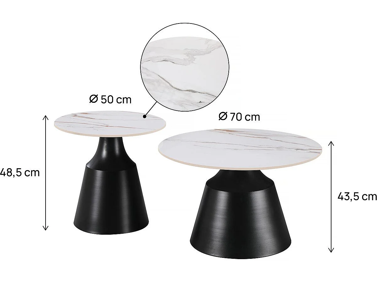 Lot de 2 tables basses gigognes en céramique "Vulca" - 70 x 70 x 43 cm - Blanc