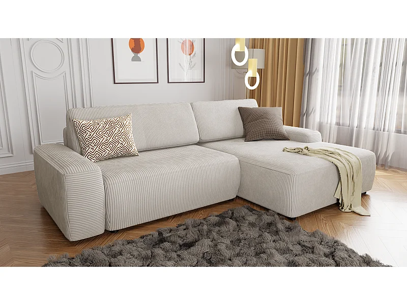 Canapé d’angle avec fonction lit et coffre de rangement en tissu côtelé beige, offrant un agréable confort d’assise EVERLY