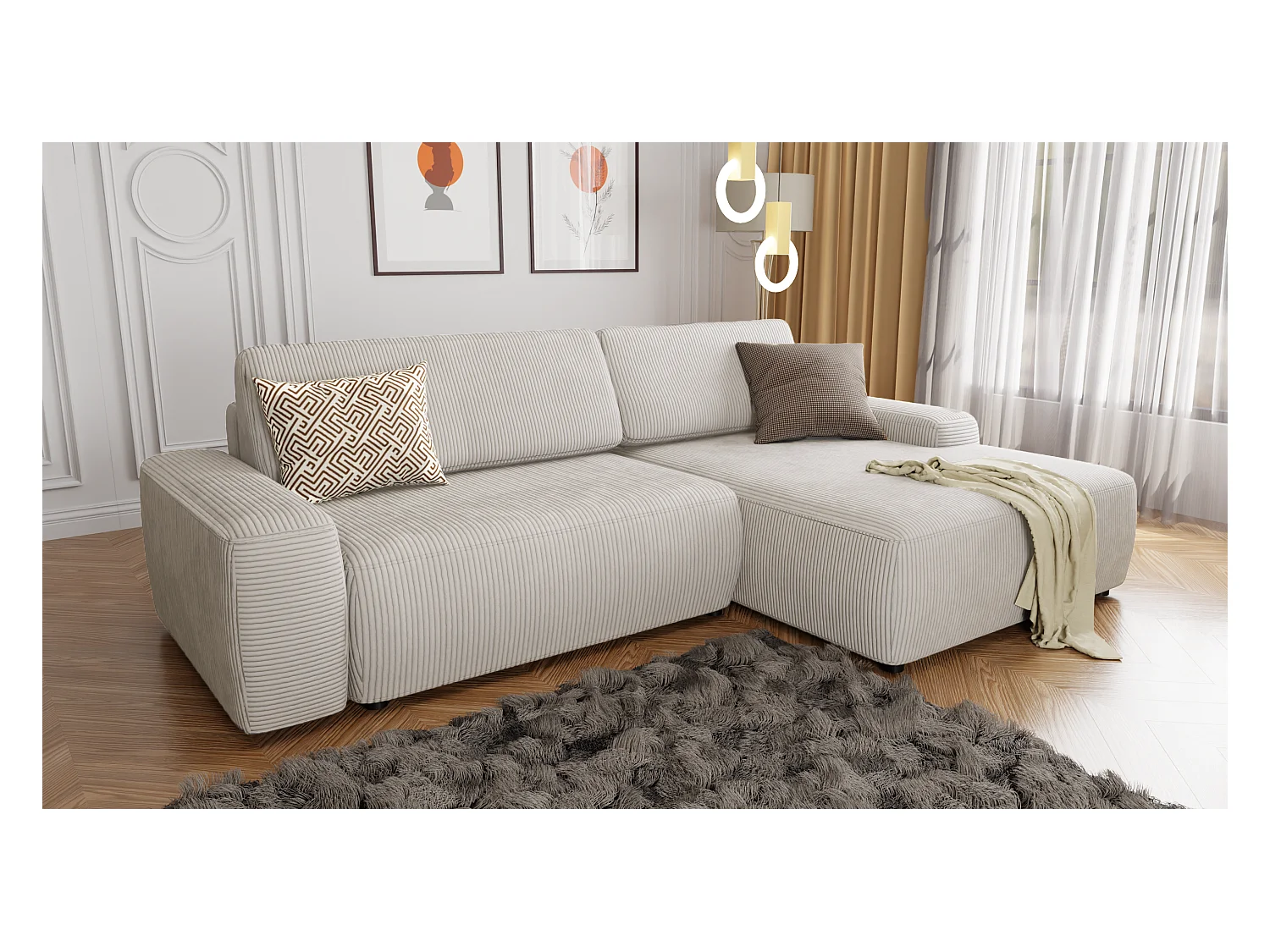 Canapé d’angle avec fonction lit et coffre de rangement en tissu côtelé beige, offrant un agréable confort d’assise EVERLY