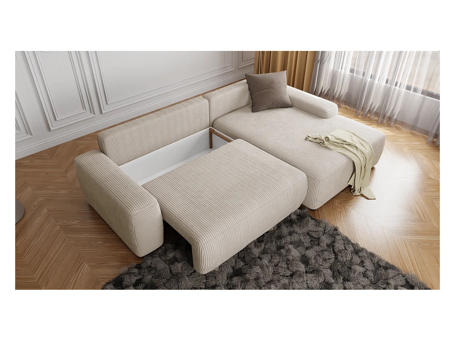 Canapé d’angle avec fonction lit et coffre de rangement en tissu côtelé beige, offrant un agréable confort d’assise EVERLY