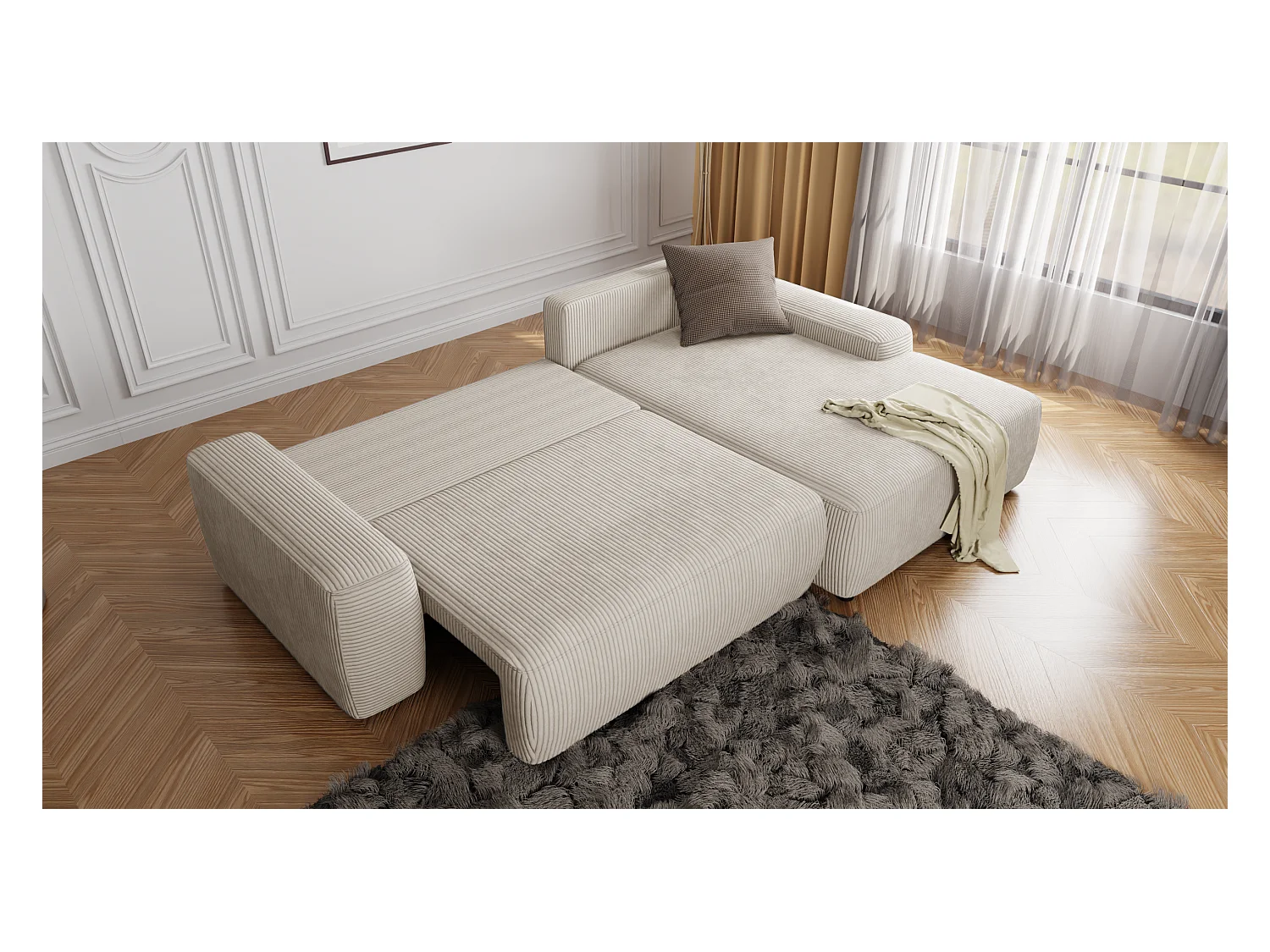 Canapé d’angle avec fonction lit et coffre de rangement en tissu côtelé beige, offrant un agréable confort d’assise EVERLY