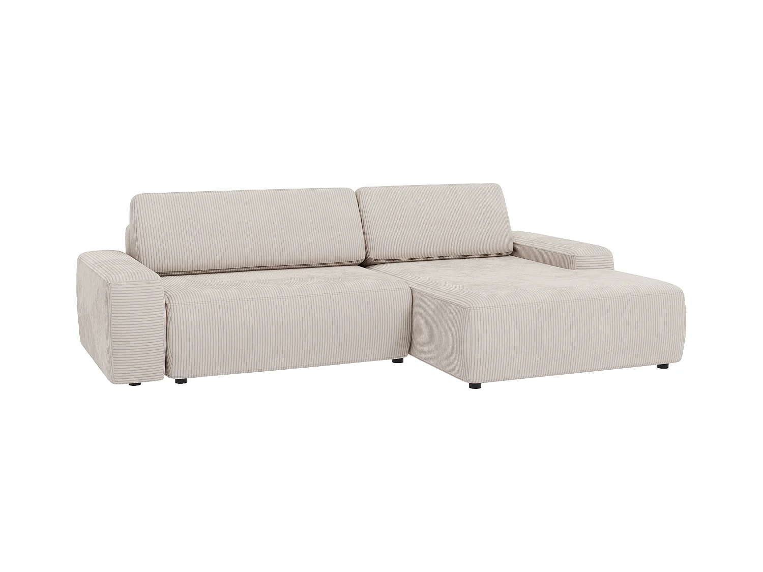 Canapé d’angle avec fonction lit et coffre de rangement en tissu côtelé beige, offrant un agréable confort d’assise EVERLY