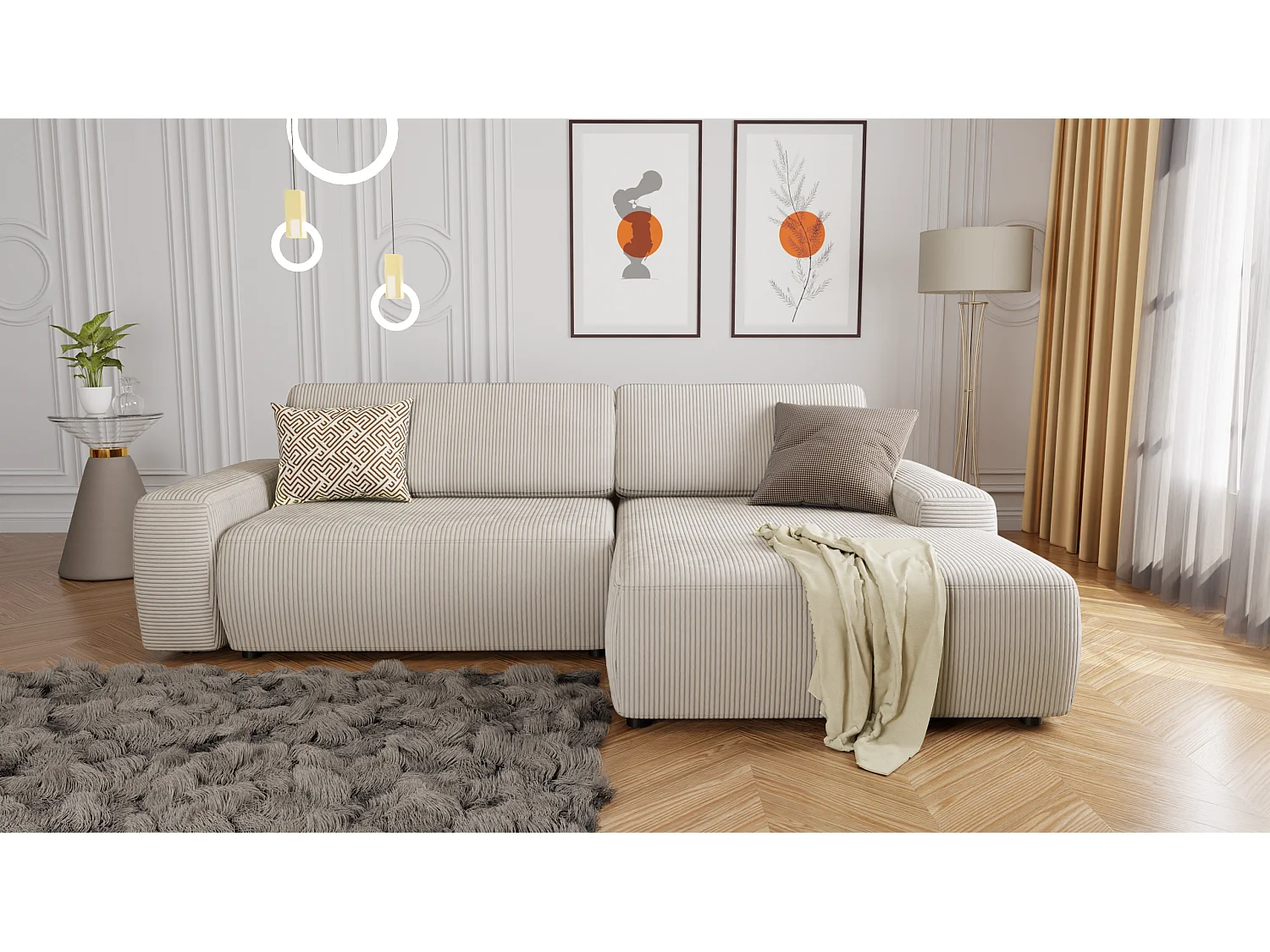 Canapé d’angle avec fonction lit et coffre de rangement en tissu côtelé beige, offrant un agréable confort d’assise EVERLY