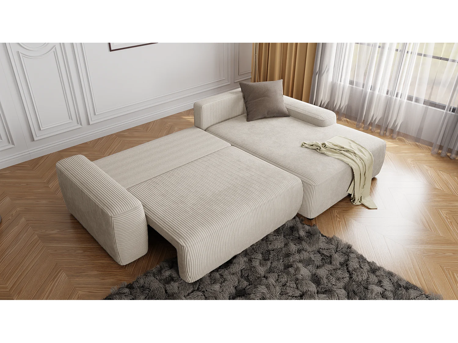 Canapé d’angle avec fonction lit et coffre de rangement en tissu côtelé beige, offrant un agréable confort d’assise EVERLY