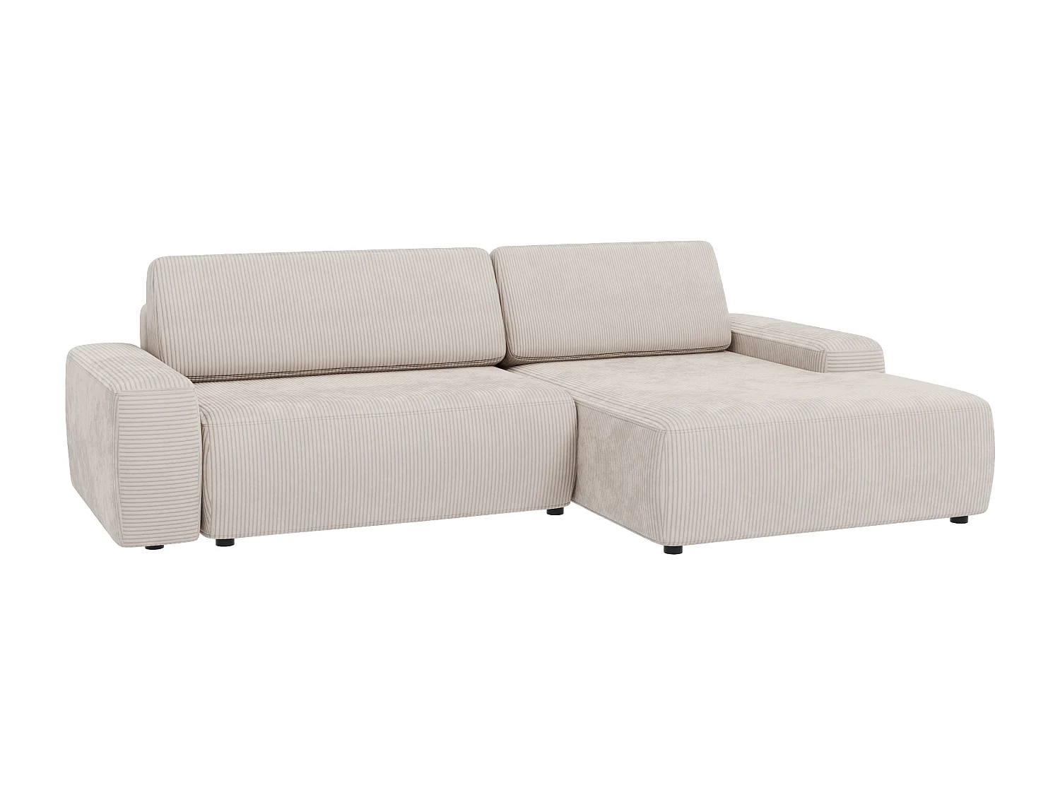 Canapé d’angle avec fonction lit et coffre de rangement en tissu côtelé beige, offrant un agréable confort d’assise EVERLY