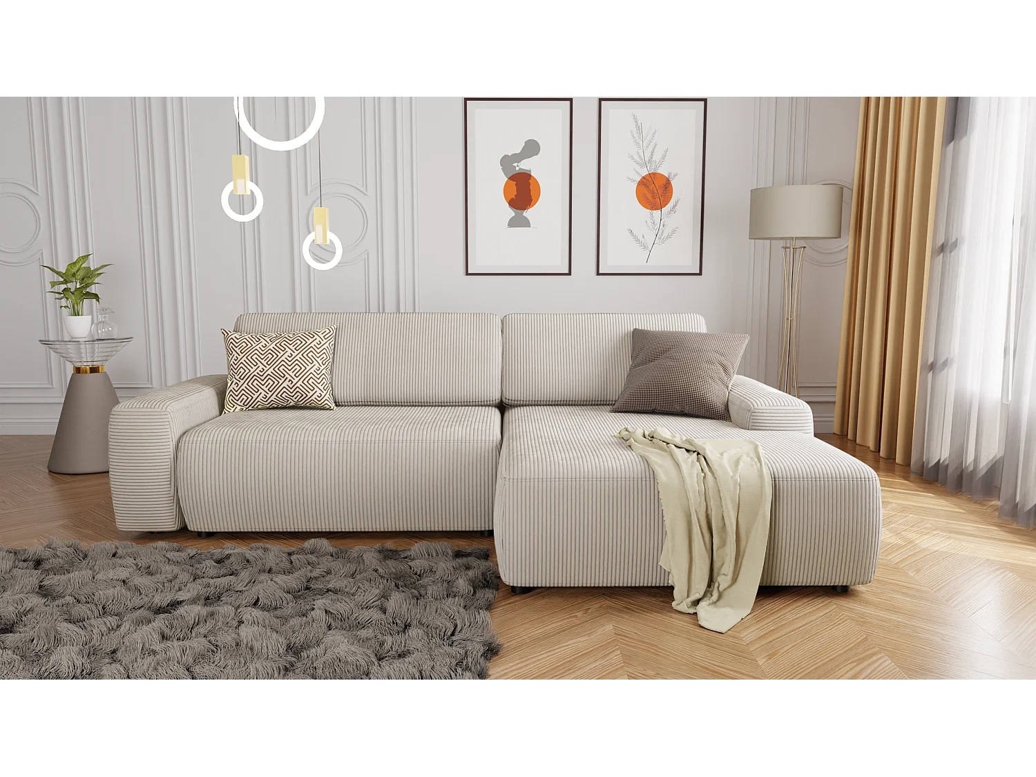 Canapé d’angle avec fonction lit et coffre de rangement en tissu côtelé beige, offrant un agréable confort d’assise EVERLY