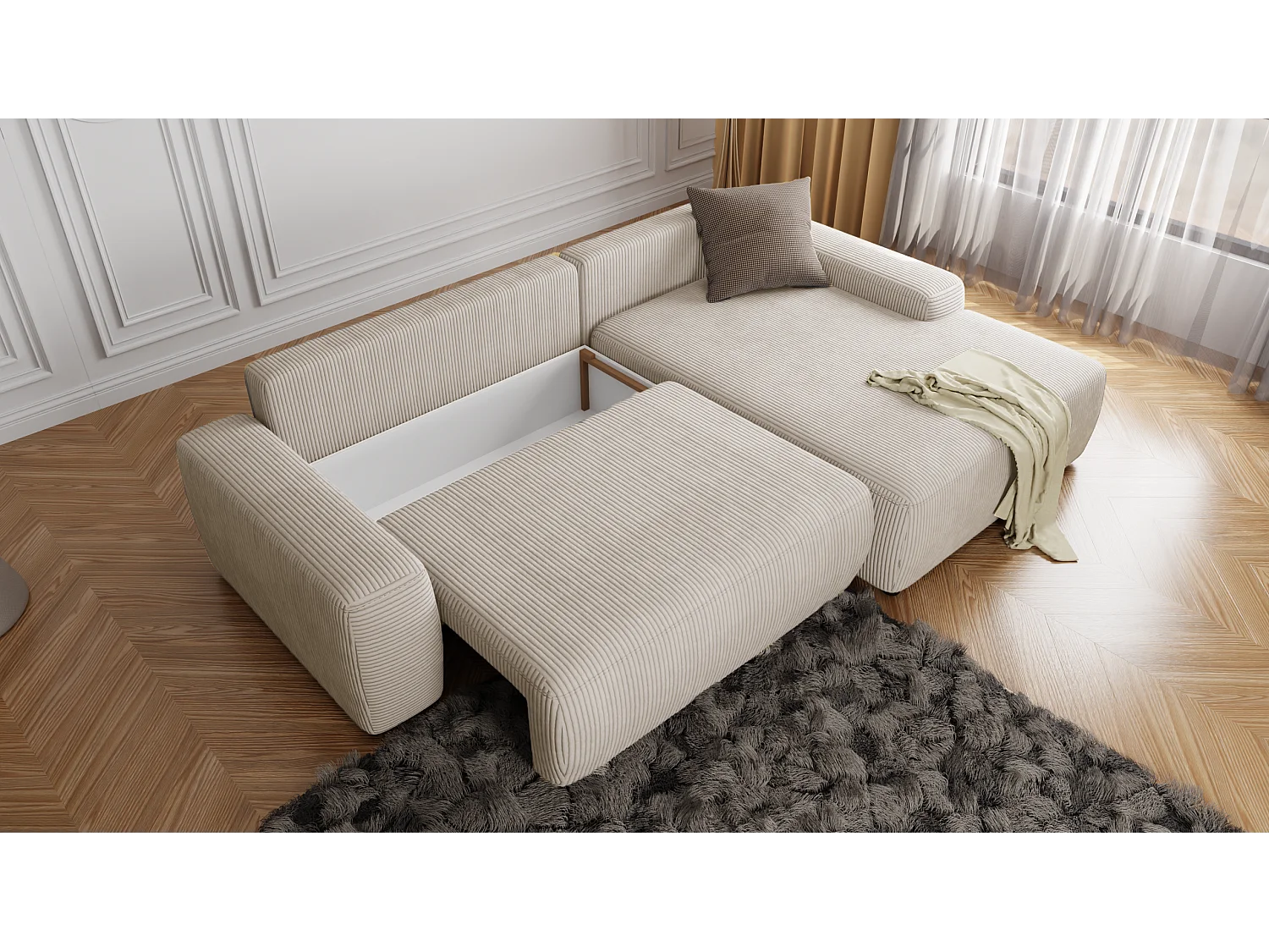 Canapé d’angle avec fonction lit et coffre de rangement en tissu côtelé beige, offrant un agréable confort d’assise EVERLY