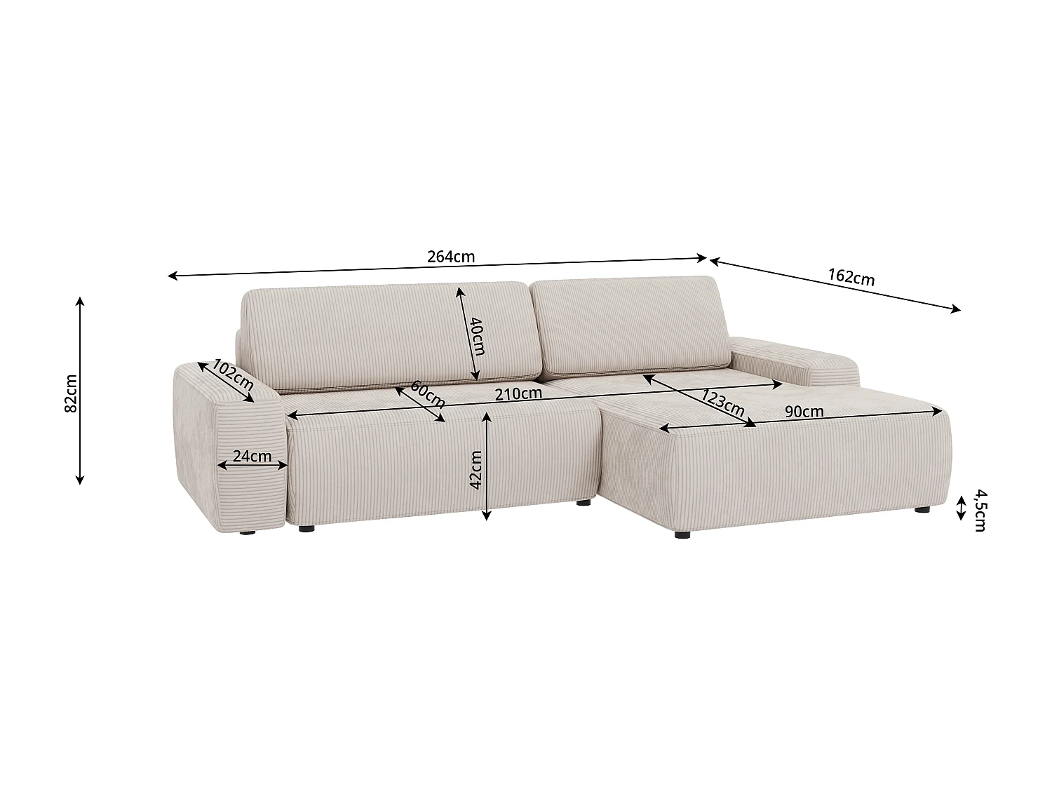 Canapé d’angle avec fonction lit et coffre de rangement en tissu côtelé beige, offrant un agréable confort d’assise EVERLY