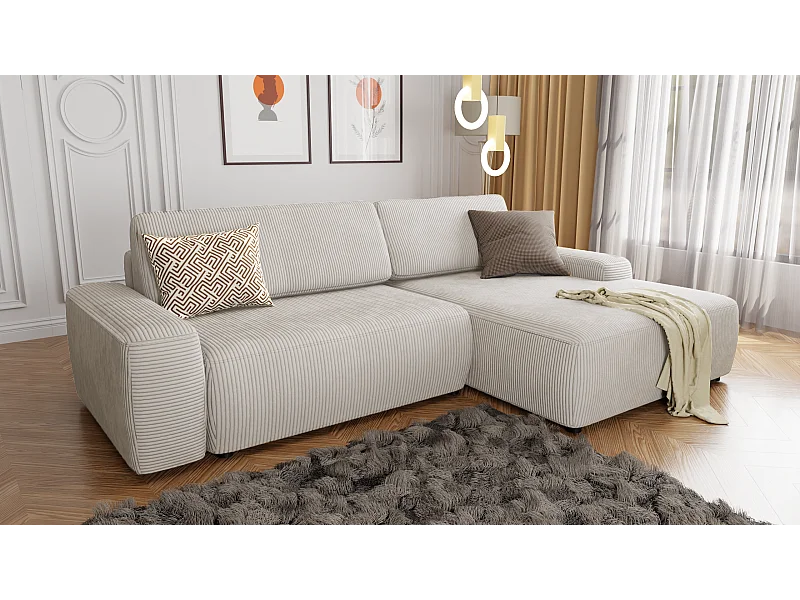 Canapé d’angle avec fonction lit et coffre de rangement en tissu côtelé beige, offrant un agréable confort d’assise EVERLY