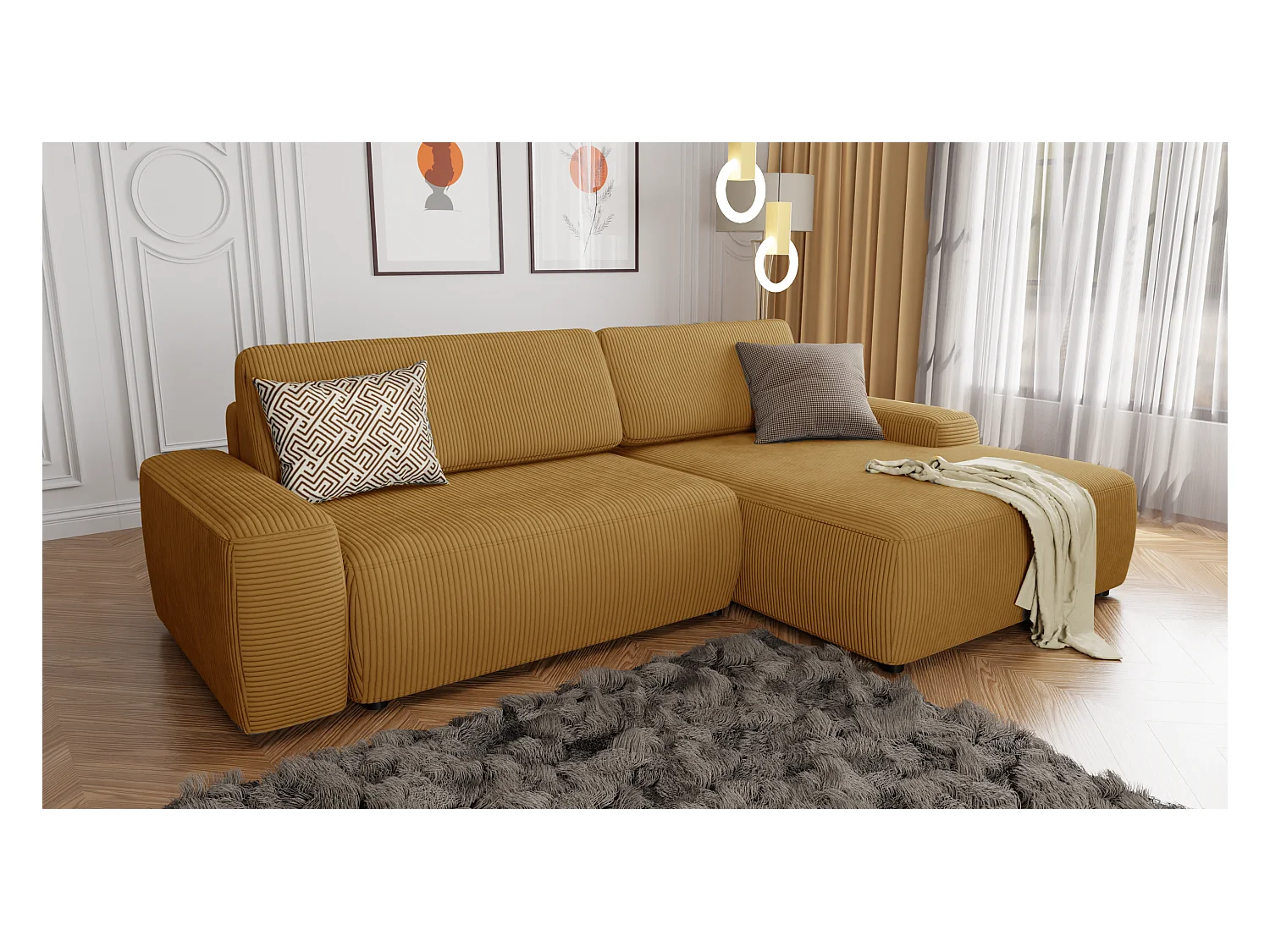 Canapé d’angle avec fonction lit et coffre de rangement en tissu côtelé miel, offrant un agréable confort d’assise EVERLY