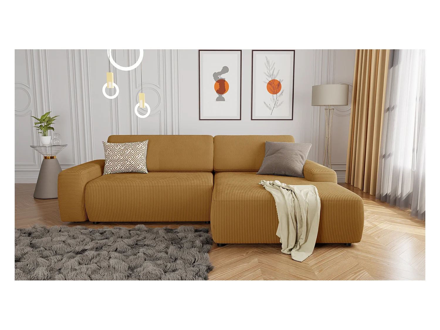 Canapé d’angle avec fonction lit et coffre de rangement en tissu côtelé miel, offrant un agréable confort d’assise EVERLY