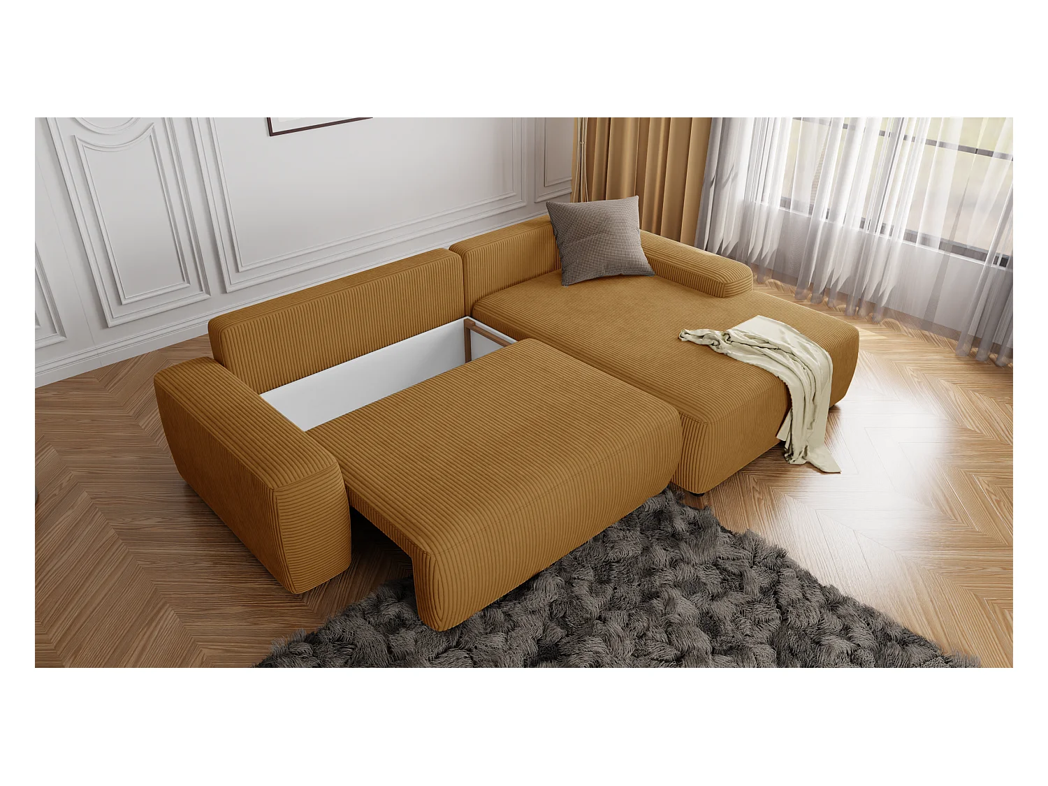 Canapé d’angle avec fonction lit et coffre de rangement en tissu côtelé miel, offrant un agréable confort d’assise EVERLY